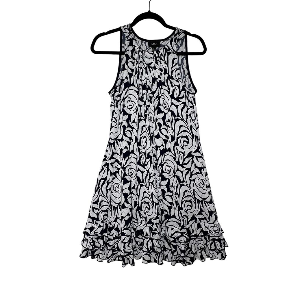 MSK Womens L Navy Blue White Floral Rose Sleeveless Dress Ruffle Hem Sequins